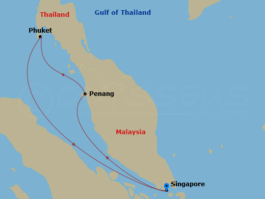 RCL Ovation Of The Seas - 4 Night - Penang & Phuket Cruise - RCL Ovation Of The Seas - Starting in Singapore, Penang, Malaysia, Phuket, Thailand, Singapore itinerary map