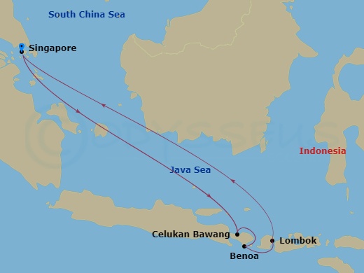 RCL Ovation Of The Seas - 8 Night - Bali Adventure Holiday Cruise - RCL Ovation Of The Seas - Starting in Singapore, Celukan Bawang, Indonesia, Benoa, Bali, Indonesia, Lombok, Indonesi.. itinerary map
