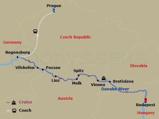 AmaMagna Cruise Tours - 12 Night - Magna On the Danube (Christmas) with Prague Pre-Cruise and Budapest Post-Cruise - AmaMagna Cruise Tours - Starting in Prague, Regensburg, Vilshofen.. itinerary map
