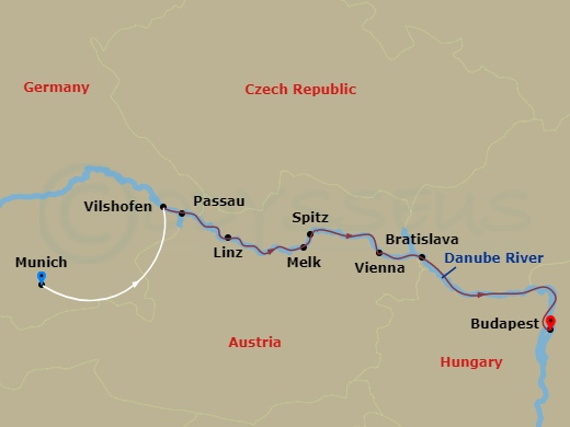 AmaMagna Cruise Tours - 11 Night - Magna On the Danube (Christmas) with Munich Pre-Cruise and Budapest Post-Cruise - AmaMagna Cruise Tours - Starting in Munich, Vilshofen, Passau, Li.. itinerary map