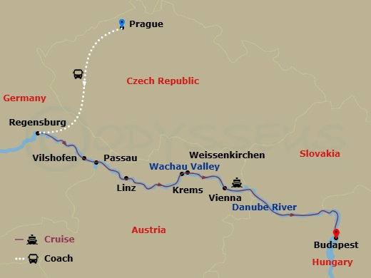 AmaBella Cruise Tours - 10 Night - Romantic Danube (Wine Cruise) with Prague Pre-Cruise - AmaBella Cruise Tours - Starting in Prague, Regensburg, Vilshofen, Passau, Linz, Wachau Vall.. itinerary map