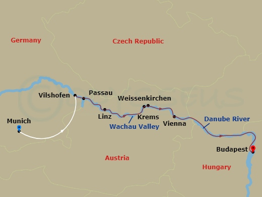 AmaVerde Cruise Tours - 9 Night - Romantic Danube (Wine Cruise) with Munich Pre-Cruise - AmaVerde Cruise Tours - Starting in Munich, Vilshofen, Passau, Linz, Wachau Valley, Weissenki.. itinerary map
