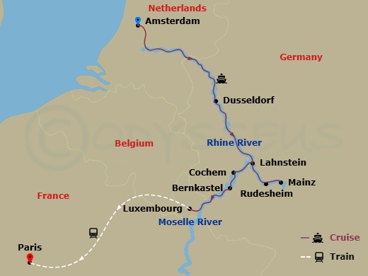 AmaPrima Cruise Tours - 12 Night - Vineyards of the Rhine & Moselle with Amsterdam Pre-Cruise and Paris Post-Cruise - AmaPrima Cruise Tours - Starting in Amsterdam, Dusseldorf, Rhine.. itinerary map