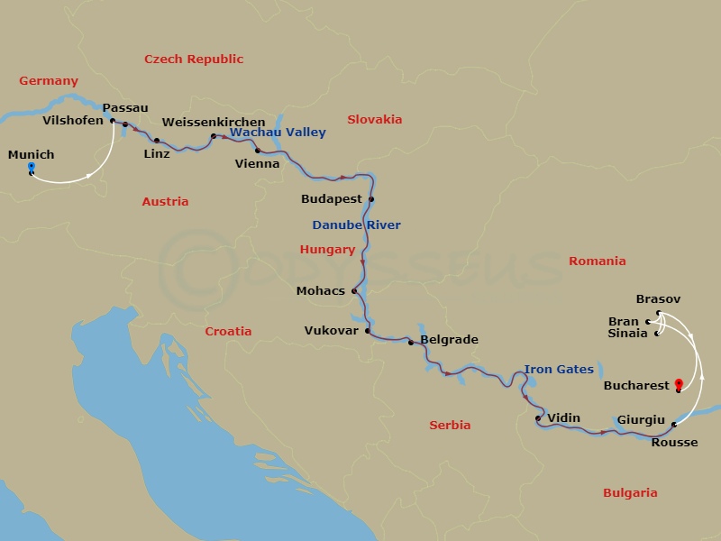 AmaBella Cruise Tours - 20 Night - Grand Danube Cruise (Wine Cruise) with Munich Pre-Cruise and Brasov, Bucharest Post-Cruise - AmaBella Cruise Tours - Starting in Munich, Vilshofen,.. itinerary map
