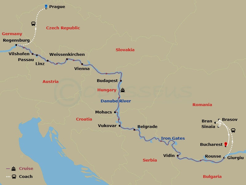 AmaBella Cruise Tours - 21 Night - Grand Danube Cruise (Wine Cruise) with Prague Pre-Cruise and Brasov, Bucharest Post-Cruise - AmaBella Cruise Tours - Starting in Prague, Regensburg.. itinerary map