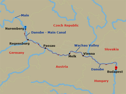 7 Night - Legendary Danube - AmaReina - Starting in Nuremberg, Regensburg, Passau, Melk, Wachau Valley, Vienna, Budapest itinerary map