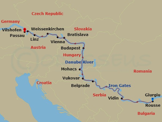 AmaBella - 14 Night - Grand Danube Christmas Markets - AmaBella - Starting in Giurgiu, Rousse, Vidin, Iron Gates, Belgrade, Vukovar, Mohacs, Budapest, Bratislava, Vienna.. itinerary map