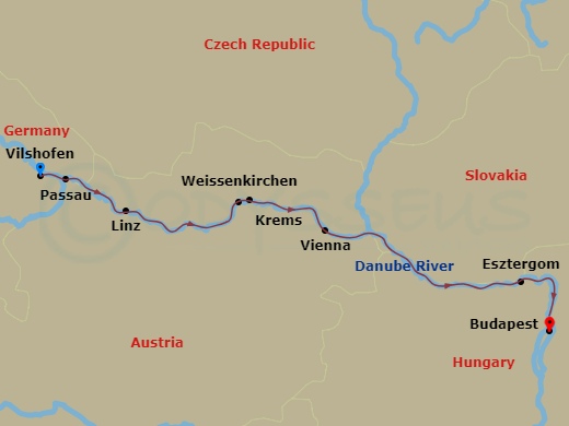 AmaBella - 7 Night - Romantic Danube (Wine Cruise) - AmaBella - Starting in Vilshofen, Passau, Linz, Wachau Valley, Weissenkirchen, Krems, Vienna, Esztergom, Budapest itinerary map