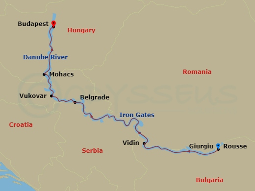 AmaVerde - 7 Night - Gems of Southeast Europe - AmaVerde - Starting in Giurgiu, Rousse, Vidin, Iron Gates, Belgrade, Vukovar, Mohacs, Budapest itinerary map