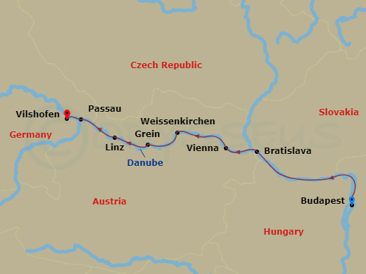 AmaMora - 7 Night - Melodies of the Danube - AmaMora - Starting in Budapest, Bratislava, Vienna, Weissenkirchen, Scenic Cruising, Grein, Linz, Passau, Vilshofen itinerary map