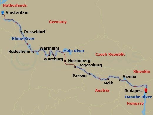 AmaStella - 14 Night - Magnificent Europe - AmaStella - Starting in Amsterdam, Dusseldorf, Rudesheim, Wertheim, Wurzburg, Eltmann, Nuremberg, Regensburg, Passau, Melk, Vi.. itinerary map