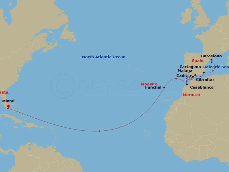 NCL Norwegian Pearl - 15 Night - Repo - Transatlantic - NCL Norwegian Pearl - Starting in Barcelona, Spain, Cartagena ES, Spain, Malaga / Granada, Spain, Cadiz / Seville, Spain, Gi.. itinerary map