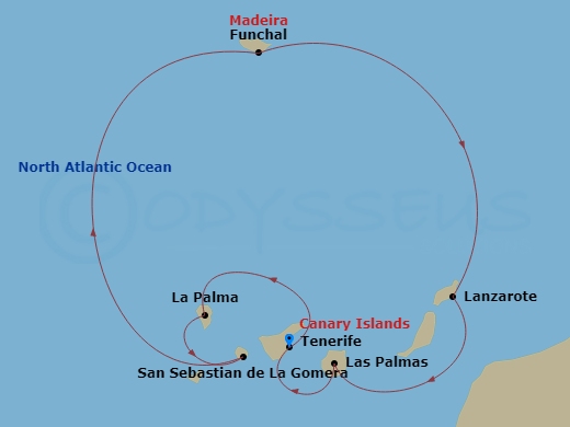 10 Night - Canary Island Idyll - Wind Star - Starting in Santa Cruz de Tenerife, Santa Cruz de La Palma, San Sebastian, Funchal, Lanzarote, Las Palmas, Santa Cruz de Tenerife itinerary map