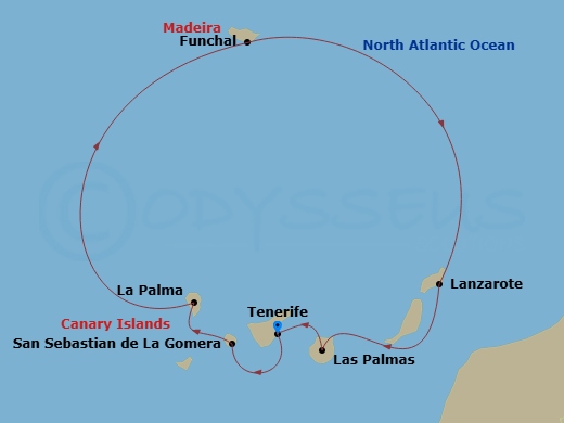 Wind Star - 10 Night - Canary Island Idyll - Wind Star - Starting in Santa Cruz de Tenerife, San Sebastian, Santa Cruz de La Palma, Funchal, Lanzarote, Las Palmas, Santa.. itinerary map