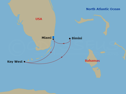 Scarlet Lady - 4 Night - Fire and Sunset SoiraEs - Scarlet Lady - Starting in Miami, Key West, The Beach Club at Bimini, Bahamas, Miami itinerary map