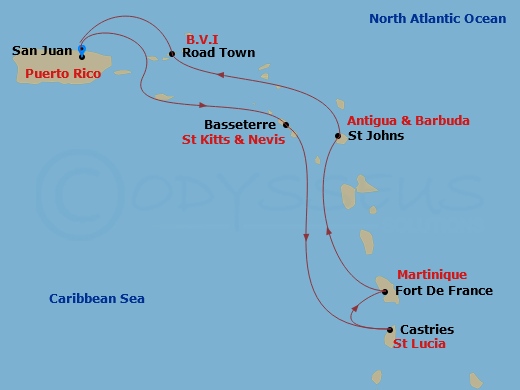 Valiant Lady - 7 Night - Quaint Castries to Elegant Antigua - Valiant Lady - Starting in San Juan, Puerto Rico, Basseterre, Saint Kitts and Nevis, Castries, Saint Lucia, For.. itinerary map