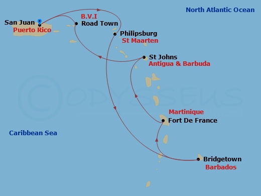 Valiant Lady - 7 Night - Antigua, Martinique, & Barbados & More - Valiant Lady - Starting in San Juan, Puerto Rico, Philipsburg, Sint Maarten, Bridgetown, Barbados, Fort-De-.. itinerary map