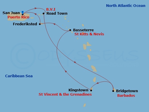 Valiant Lady - 7 Night - Virgin Island Views & Saint Isle Blues - Valiant Lady - Starting in San Juan, Puerto Rico, Road Town, Tortola, British Virgin Islands, Bridgetown, B.. itinerary map