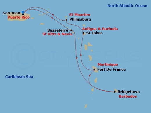 Valiant Lady - 7 Night - St. Kitts, Barbados, Martinique & More - Valiant Lady - Starting in San Juan, Puerto Rico, Basseterre, Saint Kitts and Nevis, Bridgetown, Barbados,.. itinerary map