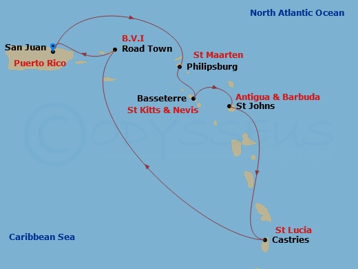 Valiant Lady - 7 Night - Valiant Caribbean Holidays - Valiant Lady - Starting in San Juan, Puerto Rico, Philipsburg, Sint Maarten, Basseterre, Saint Kitts and Nevis, St John.. itinerary map