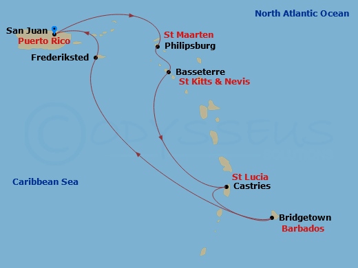 Valiant Lady - 7 Night - Valiant New Year's Ahoy! - Valiant Lady - Starting in San Juan, Puerto Rico, Philipsburg, Sint Maarten, Basseterre, Saint Kitts and Nevis, Castries,.. itinerary map
