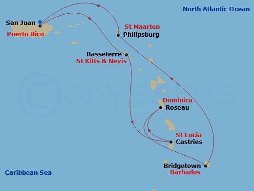 Valiant Lady - 7 Night - St. Lucia, St. Maarten, Barbados & More - Valiant Lady - Starting in San Juan, Puerto Rico, Basseterre, Saint Kitts and Nevis, Castries, Saint Lucia.. itinerary map
