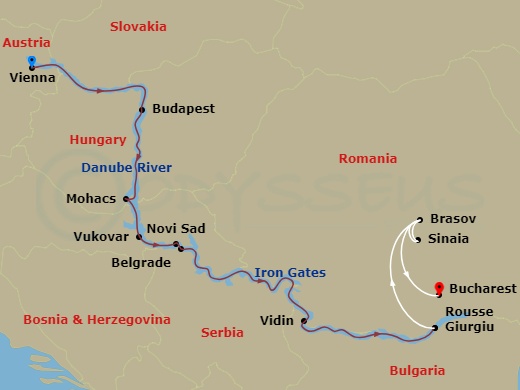 AmaMagna Cruise Tours - 13 Night - Gems of Southeast Europe with Vienna Pre-Cruise and Brasov, Bucharest Post-Cruise - AmaMagna Cruise Tours - Starting in Vienna, Budapest, Mohacs, V.. itinerary map
