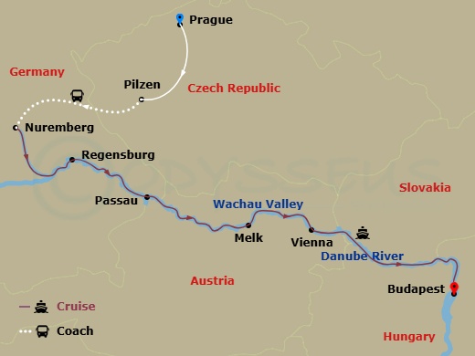 AmaSonata Cruise Tours - 10 Night - Legendary Danube with Prague Pre-Cruise - AmaSonata Cruise Tours - Starting in Prague, Pilzen, Nuremberg, Regensburg, Passau, Melk, Wachau Valley,.. itinerary map