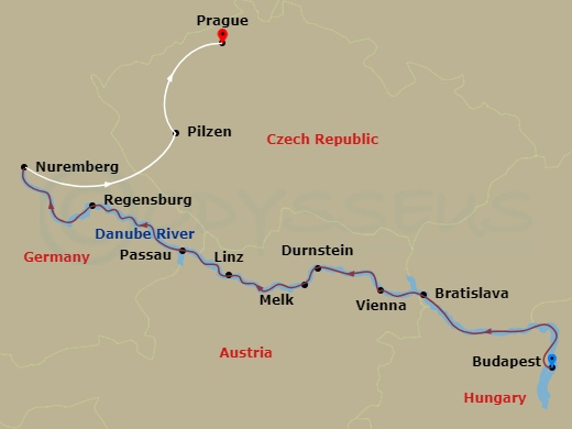 AmaSonata Cruise Tours - 12 Night - Blue Danube Discovery with Budapest Pre-Cruise, Prague Post-Cruise - AmaSonata Cruise Tours - Starting in Budapest, Bratislava, Vienna, Durnstein,.. itinerary map