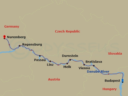 AmaSonata - 7 Night - Blue Danube Discovery - AmaSonata - Starting in Budapest, Bratislava, Vienna, Durnstein, Scenic Cruising, Melk, Linz, Passau, Regensburg, Nuremberg itinerary map