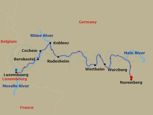 AmaPrima - 7 Night - Europe's Rivers & Castles - AmaPrima - Starting in Luxembourg, Bernkastel, Cochem, Koblenz, Rhine Gorge, Rudesheim, Wertheim, Wurzburg, Eltmann, Nur.. itinerary map