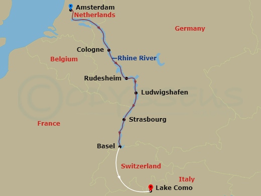 AmaVenita Cruise Tours - 12 Night - Rhine Castles & Swiss Alps with Amsterdam Pre-Cruise and Lake Como Post-Cruise - AmaVenita Cruise Tours - Starting in Amsterdam, Cologne, Rhine Gor.. itinerary map