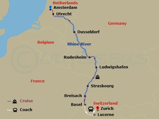 AmaSiena Cruise Tours - 13 Night - Christmas Markets On the Rhine with Amsterdam Pre-Cruise and Lake Lucerne, Zurich Post-Cruise - AmaSiena Cruise Tours - Starting in Amsterdam, Utre.. itinerary map