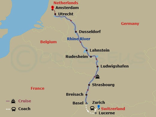 AmaCerto Cruise Tours - 11 Night - Christmas Markets On the Rhine with Zurich, Lake Lucerne Pre-Cruise - AmaCerto Cruise Tours - Starting in Zurich, Lucerne, Basel, Breisach, Strasbo.. itinerary map