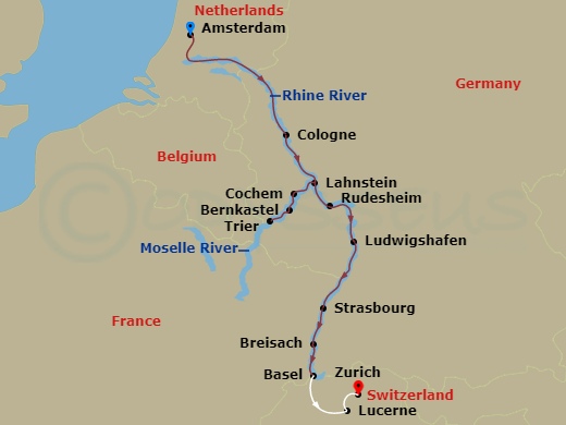 AmaSerena Cruise Tours - 17 Night - Rhine & Moselle Fairytales with Amsterdam Pre-Cruise and Zurich, Lake Lucerne Post-Cruise - AmaSerena Cruise Tours - Starting in Amsterdam, Cologne.. itinerary map