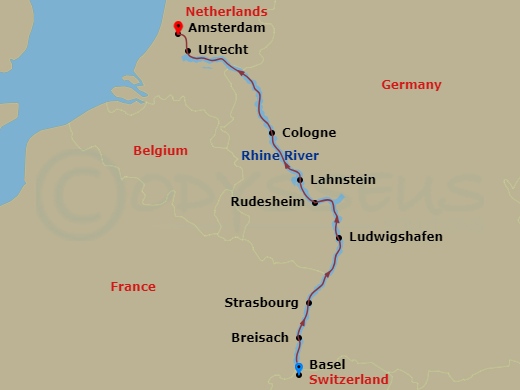 AmaPrima - 7 Night - Enchanting Rhine - AmaPrima - Starting in Basel, Breisach, Strasbourg, Ludwigshafen, Rudesheim, Rhine Gorge, Lahnstein, Cologne, Dusseldorf, Utrecht.. itinerary map
