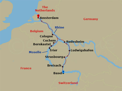 AmaPrima - 10 Night - Rhine & Moselle Delights (Wine Cruise) - AmaPrima - Starting in Basel, Breisach, Strasbourg, Ludwigshafen, Rudesheim, Rhine Gorge, Bernkastel, Mose.. itinerary map