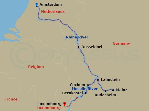 AmaPrima - 7 Night - Vineyards of the Rhine & Moselle - AmaPrima - Starting in Amsterdam, Dusseldorf, Cologne, Rhine Gorge, Rudesheim, Mainz, Lahnstein, Moselle Valley,.. itinerary map