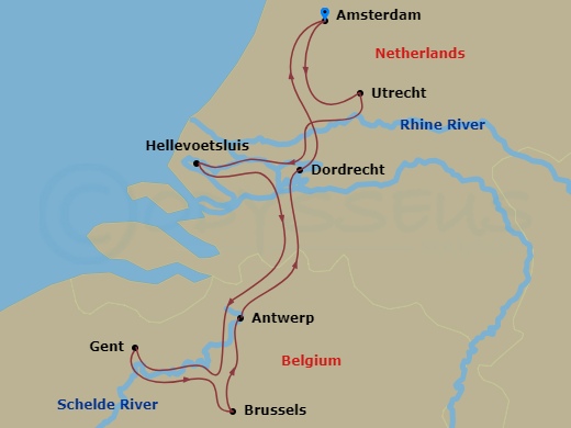 AmaPrima - 7 Night - Best of Holland & Belgium - AmaPrima - Starting in Amsterdam, Utrecht, Delta, Hellevoetsluis, Ghent, Brussels, Antwerp, Dordrecht, Amsterdam itinerary map