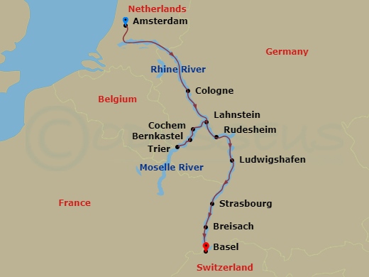 AmaSerena - 11 Night - Rhine & Moselle Fairytales - AmaSerena - Starting in Amsterdam, Cologne, Lahnstein, Moselle Valley, Cochem, Moselle Valley, Trier, Bernkastel, Rhin.. itinerary map