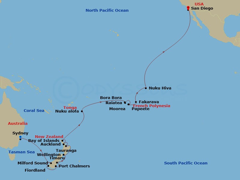 HAL Zaandam - 32 Night - Grand Australia & New Zealand - HAL Zaandam - Starting in Sydney AU, Milford Sound, New Zealand, Cruising Fiordland Natl Park, Port Chalmers (Duned.. itinerary map