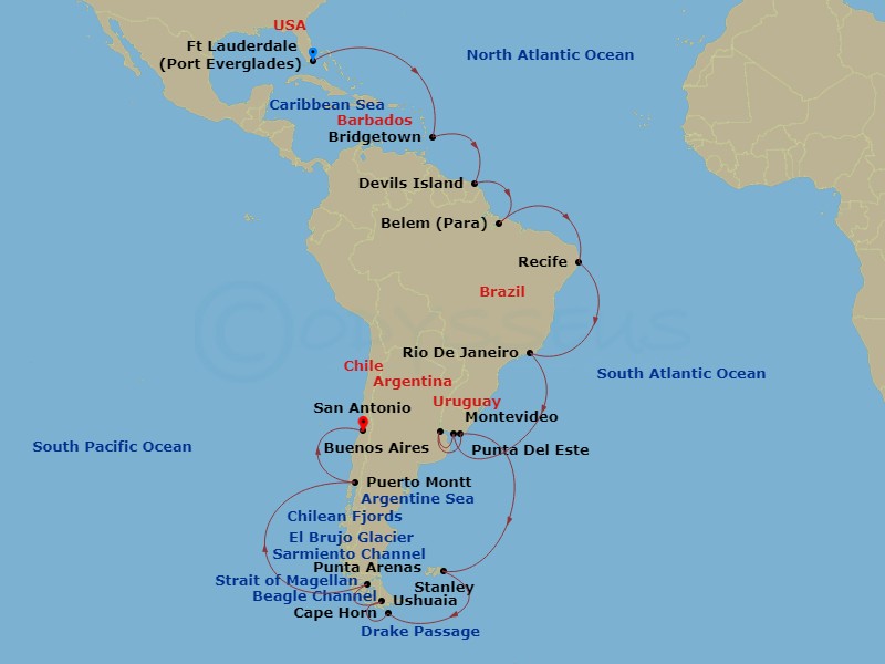 HAL Volendam - 37 Night - Grand World Voyage - HAL Volendam - Starting in Fort Lauderdale, Florida, Bridgetown, Barbados, Devils Island, French Guiana, Crossing the Equator,.. itinerary map