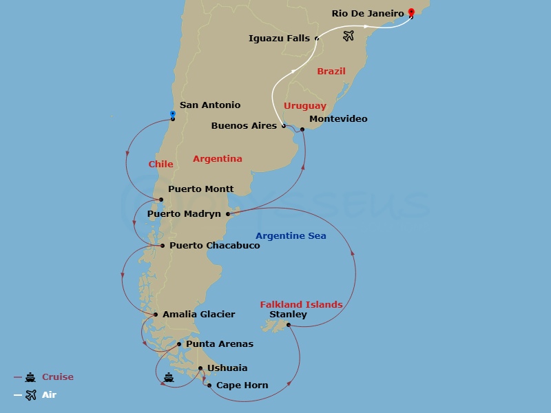 Sapphire Princess Cruise Tours - 21 Night - Iguazu Falls Adventure - Tour 1E - Sapphire Princess Cruise Tours - Starting in San Antonio CL (for Santiago), Chile, Puerto Montt, Chile, Puerto C.. itinerary map