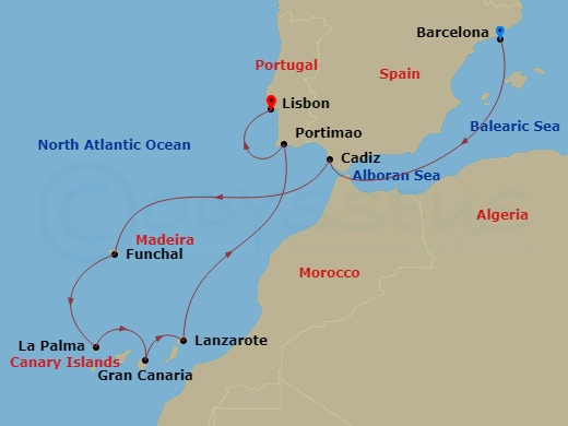 Seven Seas Voyager - 10 Night - Majestic Coasts - Seven Seas Voyager - Starting in Barcelona, Cruising the Mediterranean Sea, Cadiz, Cruising the Atlantic Ocean, Funchal (Madeira).. itinerary map