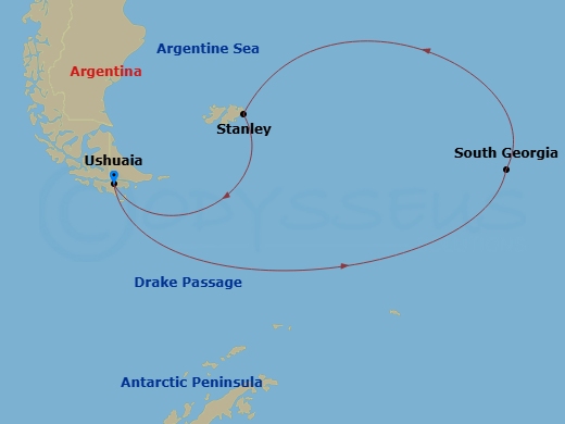 World Navigator - 18 Night - Ushuaia Roundtrip - World Navigator - Starting in Ushuaia, Drake Passage Navigation, Antarctic Peninsula / Captains Choice, South Georgia / Captain.. itinerary map