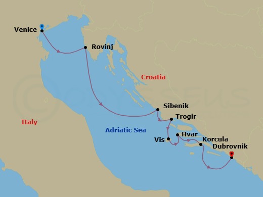 7 Night - Croatian Coast and the Best of the Adriatic - Emerald Kaia - Starting in Venice, Italy, Rovinj, Croatia, Sibenik, Croatia, Trogir, Croatia, Vis, Croatia, Hvar, Croatia, Korcula, Croatia, Dubrovnik, Croatia itinerary map
