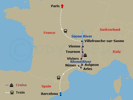 AmaKristina Cruise Tours - 13 Night - Colors of Provence with Barcelona Pre-Cruise and Paris Post-Cruise - AmaKristina Cruise Tours - Starting in Barcelona, Nimes, Arles, Avignon, Arles.. itinerary map