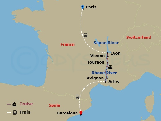 AmaKristina Cruise Tours - 13 Night - Colors of Provence (Wine Cruise) with Paris Pre-Cruise and Barcelona Post-Cruise - AmaKristina Cruise Tours - Starting in Paris, Vienne, Tournon, A.. itinerary map