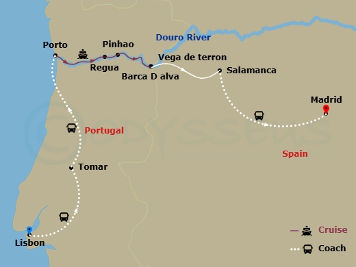 AmaVida Cruise Tours - 13 Night - Flavors of Portugal & Spain with Lisbon Pre-Cruise and Madrid Post-Cruise - AmaVida Cruise Tours - Starting in Lisbon, Tomar, Porto, Regua, Pinhao,.. itinerary map