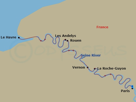 AmaLyra Cruise Tours - 9 Night - Paris & Normandy (Wine Modified) with Paris Pre-Cruise - AmaLyra Cruise Tours - Starting in Paris, Les Andelys, Le Havre, Rouen, Vernon, La Roche-Gu.. itinerary map